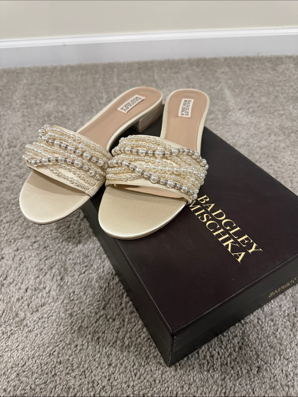 Badgley Mischka Pearl-Embellished Ivory Slide Mules